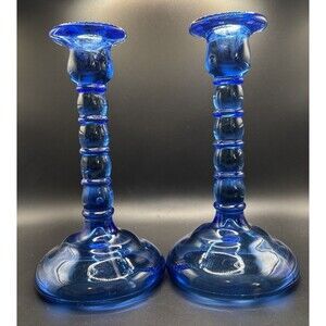 Vintage Cambridge Ritz Blue 8” Uranium Glass Pair of Candlestick Holders READ